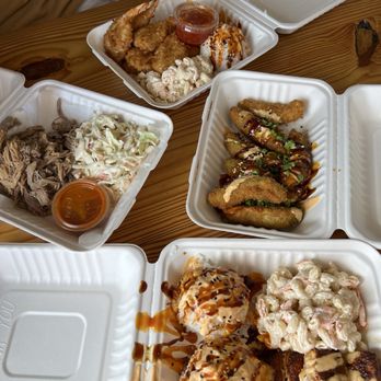 Big Kahuna - Kalua Pork Coconut Shrimp Mahi-Mahi Cabbage Slaw Macaroni Salad Sticky Rice Avocado Fries - Burgers Near Me - Lexington, Kentucky
