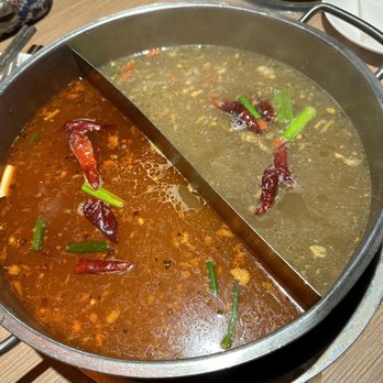 Laojie Hotpot - Spicy on left, herb broth on right - Hot Pot Near Me - Brooklyn, New York Laojie Hotpot - Spicy on left, herb broth on right - Hot Pot Near Me - Brooklyn, New York