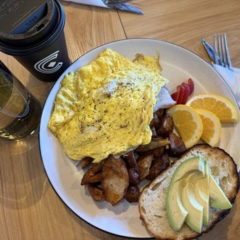 Caffeina Kitchen - Lyndsey's plate with scrambled eggs and turkey (hidden in picture). Star of the meal was the gingerbread latte with homemade syrup. - Coffee & Tea Near Me - Boise, Idaho