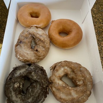 Krispy Kreme - Two glazed, two blueberry, one chocolate - Donuts Near Me - Santa Clara, California
