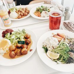 IKEA Restaurant - | PLANT BALLS (bottom left) + SWEDISH MEATBALLS (top left) + SMOKED SALMON (right) |