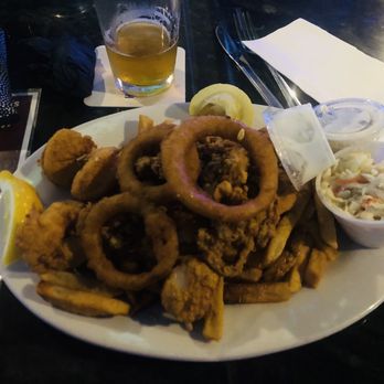 12 Ocean Grill - My portion of our split Fisherman's Platter (tons of haddock, scallops, shrimp, scallops, onion rings, French fries, coleslaw) - Seafood Near Me - Seabrook, New Hampshire