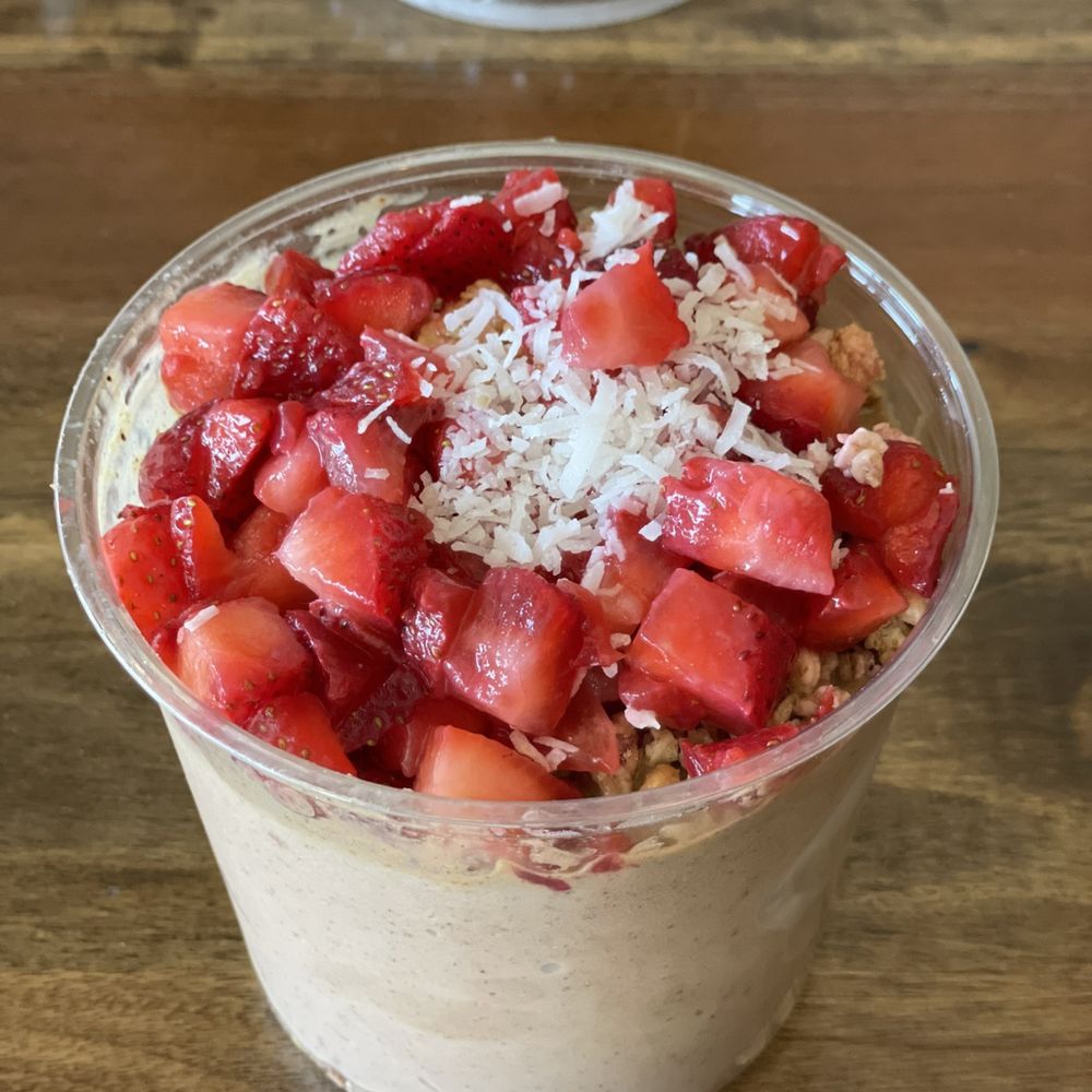 Green Strawberry Bowl -- no banana, add whey protein & blended almond butter