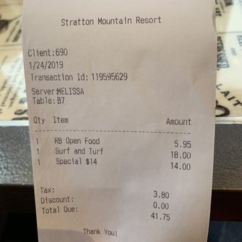 Benedict's Eatery and Bar - receipt, with surf & turf showing a price higher than advertised on the already overpriced menu - Breakfast & Brunch Near Me - Stratton Mountain, Vermont