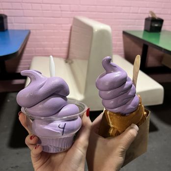 Omg Squee - Small cup of Ube soft served and Ube Taiyaki Sundae - Desserts Near Me - Austin, Texas