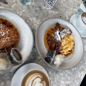 Interstellar - Mocha Latte, Bacon and Egg + Waffles (IG: eatingwithkreng) - Coffee & Tea Near Me - Santa Monica, California