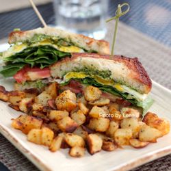 Rainbow Restaurant - Sarah's Sandwich ($15.75) on gluten-free bread. Fried egg stacked with pistachio pesto, cream cheese, spinach, tomato & red onion