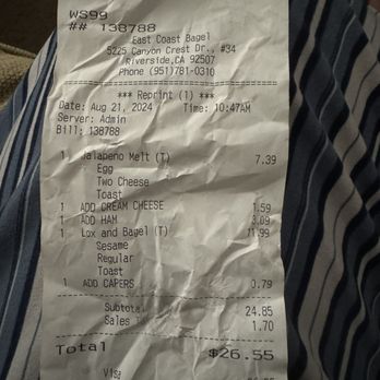 East Coast Bagel - Expensive! For two bagels. - Bagels Near Me - Riverside, California East Coast Bagel - Expensive! For two bagels. - Bagels Near Me - Riverside, California