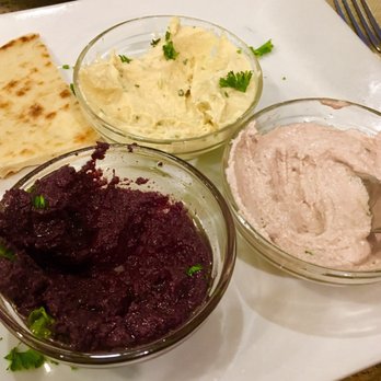 Athens Cafe - Three choices of Meze.  YUM!! Hummus, kalamata and skordalia (garlic spread) - Greek Near Me - Jacksonville, Florida