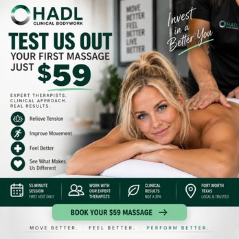 Hadl Clinical Bodywork - $59 - 55 minute massage to test us out. - Massage Near Me - Fort Worth, Texas Hadl Clinical Bodywork - $59 - 55 minute massage to test us out. - Massage Near Me - Fort Worth, Texas