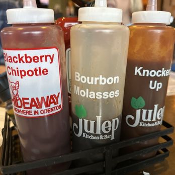 Julep Kitchen & Bar - Sauce selection on the table - Barbeque Near Me - Annapolis, Maryland Julep Kitchen & Bar - Sauce selection on the table - Barbeque Near Me - Annapolis, Maryland