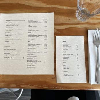 Dotty’s - A restaurant menu printed on white paper is placed on a wooden table, listing various food and beverage options such as cocktails, beers, snacks, plates, sides, and desserts, with prices. A glass of water and a set of cutlery wrapped in a napkin are positioned nearby. The menu includes categories like soft drinks, draft beer, and specific dishes like burger and fish options, with prices in euros. The table surface is light-colored wood, and part of a person's lap is visible at the bottom of the image. - Cocktail Bars Near Me - Toronto, Ontario