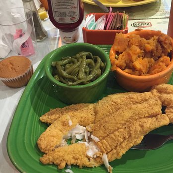 Mama J's Kitchen - Fried Catfish (single portion) with green beans, candied yams and a corn muffin. - Soul Food Near Me - Richmond, Virginia