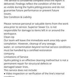 Superior Sewer & Plumbing Company - Legal waiver that releases the company from any accountability