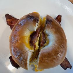 Salted Melon - Notorious BEC: plain bagel, bacon, scrambled eggs, cheddar cheese, sriracha aioli