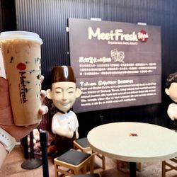 Meet Fresh - Grass Jelly Milk Tea with grass jelly.