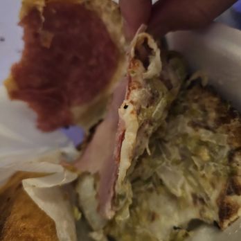 Geno's Giant Slice - How thin the ham is dont even see any salami - Pizza Near Me - San Tan Valley, Arizona