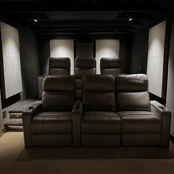 Blend Technology - Home Cinema seats 6 people. Beautiful custom fabrics on our acoustic treatments. Dolby Atmos home theater - Home Theatre Installation Near Me - Agoura Hills, California Blend Technology - Home Cinema seats 6 people. Beautiful custom fabrics on our acoustic treatments. Dolby Atmos home theater - Home Theatre Installation Near Me - Agoura Hills, California