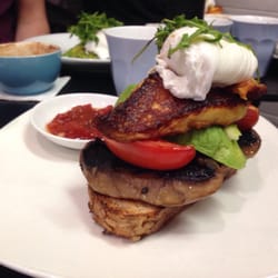 Swell Cafe - One poached egg, haloumi, avocado, roasted tomato and a field mushroom stacked on toast. Epic!