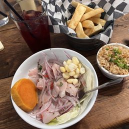 Weekend ceviche, fried yucca & small rice