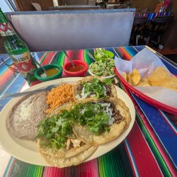 Colotlan Mexican Restaurants - Carne asada tacos, beans/rice and guac. Don't forget the XX cerveza
