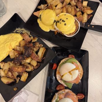 EggTown - Kids Cheese Omelette (left) Salmon Benedict (top) Everything Bagel (bottom right) - Breakfast & Brunch Near Me - Wesley Chapel, Florida