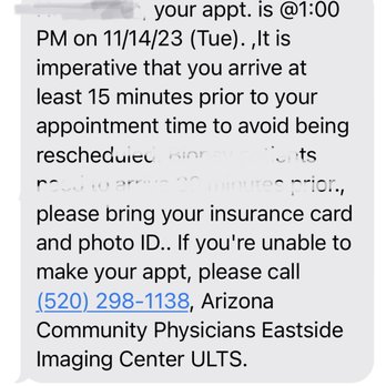Eastside Imaging - The text confirming my appointment - Diagnostic Imaging Near Me - Tucson, Arizona
