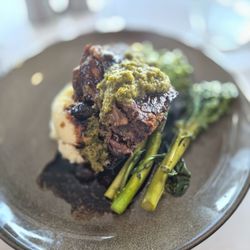 Short Ribs with a Chimichurri sauce, Creamy Mashed Potatoes, tender crisp Broccolini