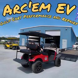 Arcem EV - Arcem EV text over image of shop in storage unit advertising golf cart performance and repairs