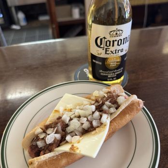 George's Coney Island Lunch - Corona and hot dog with chile , onions , cheese - Hot Dogs Near Me - Worcester, Massachusetts