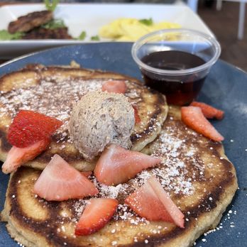 Heirloom Kitchen - Pancakes with fresh strawberries and house buttercream. - Burgers Near Me - Stockton, California