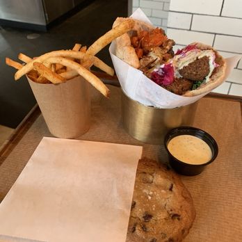 Brassica - Brassica Fries Falafel Pita Sandwich Tahini Chocolate Chip Cookie - Mediterranean Near Me - Upper Arlington, Ohio