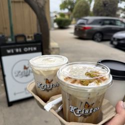 Kristos Coffee - Baklava latte (F), dulce de latte (BL), kids' hot chocolate (BR)