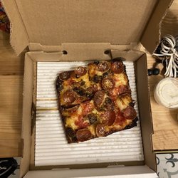 Taglio-Montgomery - $18 2 topping pizza. This box is a standard SMALL pizza box. Please note the 2oz dressing cup sitting next to it for size reference!!