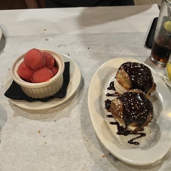 JK's Restaurant - Sorbet of the day, vanilla ice cream with baked bread and chocolate syrup - Steakhouses Near Me - Kill Devil Hills, North Carolina
