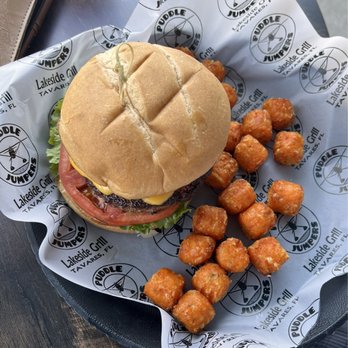 Puddle Jumpers - Steak Burger with sweet potato tater tots. - New American Near Me - Tavares, Florida Puddle Jumpers - Steak Burger with sweet potato tater tots. - New American Near Me - Tavares, Florida