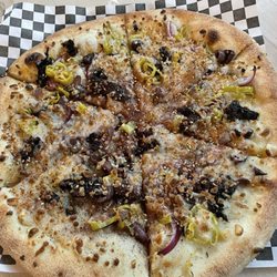Hunter Gatherer Brewery at Curtiss Wright Hangar - Greek Pizza with Vegan Cheese, add Za'atar