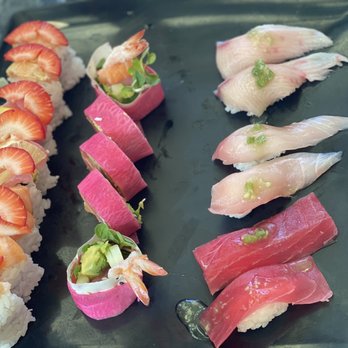 Hello Sushi - F24. Strawberry Lemon Roll(8pcs) R1. CHERRY BLOSSOM(5pcs) PN8. Yellowtail Belly(2pcs) N5. Tuna Sushi(2pcs) - Sushi Bars Near Me - Fullerton, California Hello Sushi - F24. Strawberry Lemon Roll(8pcs) R1. CHERRY BLOSSOM(5pcs) PN8. Yellowtail Belly(2pcs) N5. Tuna Sushi(2pcs) - Sushi Bars Near Me - Fullerton, California