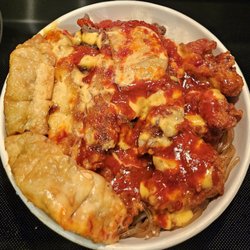 Cupbop with Rock, Beef, Ugly, and Mandoo (Korean-level spicy)