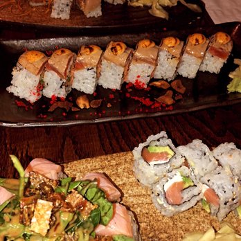 Wagaya - Westside - Salmon Trinity (bottom left) Philly Roll (bottom right) Devil's Breath "Akuma No Toiki" (middle) and Four Seasons "Shiki" (top) - Sushi Bars Near Me - Atlanta, Georgia
