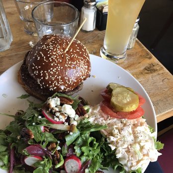 Peaches - Veggie burger, salad, and Dusse cocktail. - Southern Near Me - Brooklyn, New York Peaches - Veggie burger, salad, and Dusse cocktail. - Southern Near Me - Brooklyn, New York