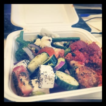 The Cutting Board - pork and beef meatballs with greek salad and veg - Coffee & Tea Near Me - Brisbane, QLD