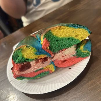 Bagels & Co - Rainbow Bagel with Blueberry Cream Cheese - Bagels Near Me - New York, New York Bagels & Co - Rainbow Bagel with Blueberry Cream Cheese - Bagels Near Me - New York, New York