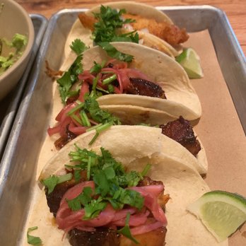 bartaco - Reston - Glazed Pork Belly Taco (first three ) & Baja Fish Taco (last one) - Tacos Near Me - Reston, Virginia