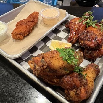 Foghorn Taproom - Nashville Hot Chicken Tender, Pineapple Basil Chicken Wings (top/back), Lemon Pepper Chicken Wings (bottom/front) - Chicken Wings Near Me - San Francisco, California Foghorn Taproom - Nashville Hot Chicken Tender, Pineapple Basil Chicken Wings (top/back), Lemon Pepper Chicken Wings (bottom/front) - Chicken Wings Near Me - San Francisco, California