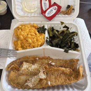 Tony's Breakfast - Fried whiting dinner with collard greens and mac and cheese sides. - American Near Me - Washington, DC, District of Columbia