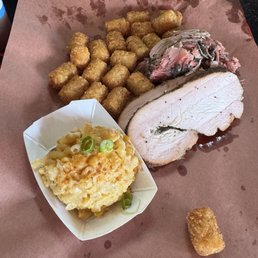 Turkey/pork/smoked mac and cheese/tater tots