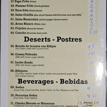 Lima Limon - Partial menu. Sides, desserts, and drinks. - Peruvian Near Me - Las Vegas, Nevada Lima Limon - Partial menu. Sides, desserts, and drinks. - Peruvian Near Me - Las Vegas, Nevada
