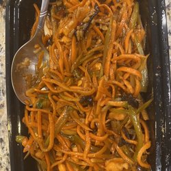 Carrots, carrots, and more carrots in Chicken with garlic sauce.