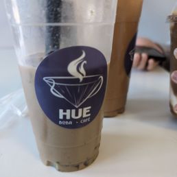 Halfway drunk chocolate matcha latte with lychee jelly topping. Yummy Halfway drunk chocolate matcha latte with lychee jelly topping. Yummy